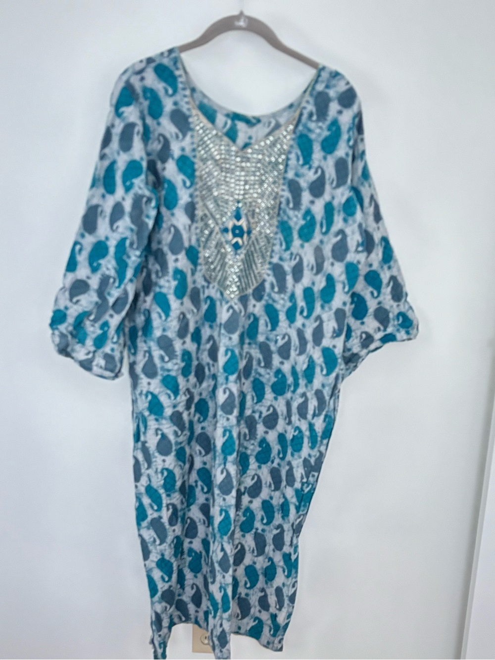Embellished Blue & Gray Paisley Caftan